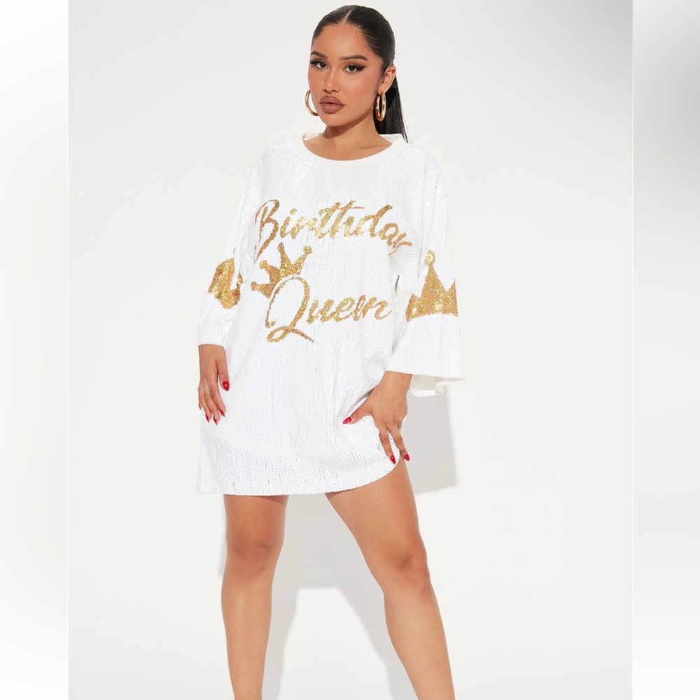 Fashion Nova White and Gold Birthday Queen Dress